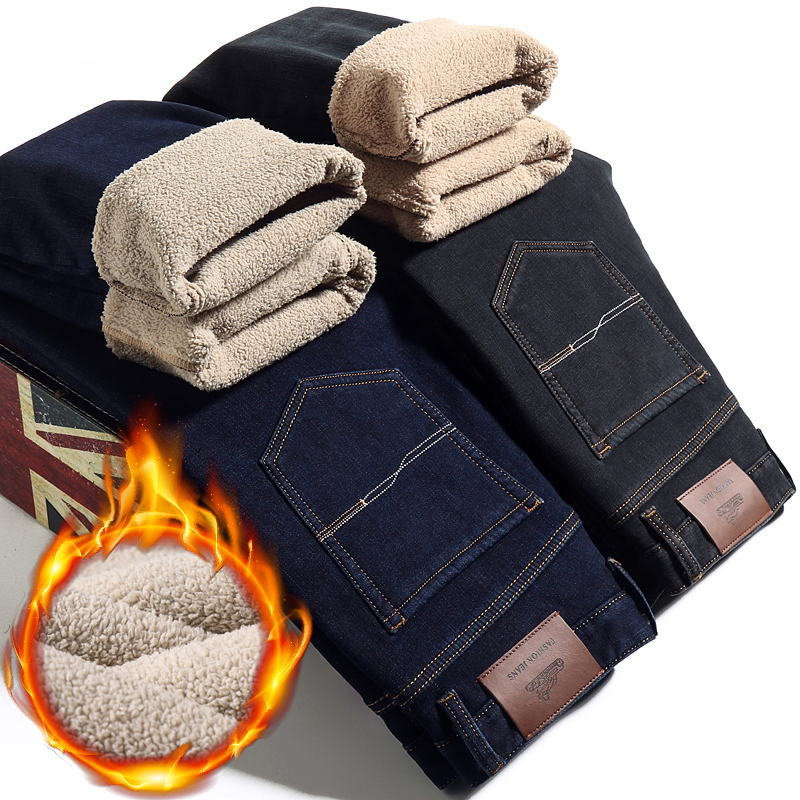 Winter Trendy Brand Fleece-Lined Thickened Lamb Wool Jeans for Men, Mid-High Waist, Loose Straight-Leg, Casual Warm Pants for Middle-Aged Men