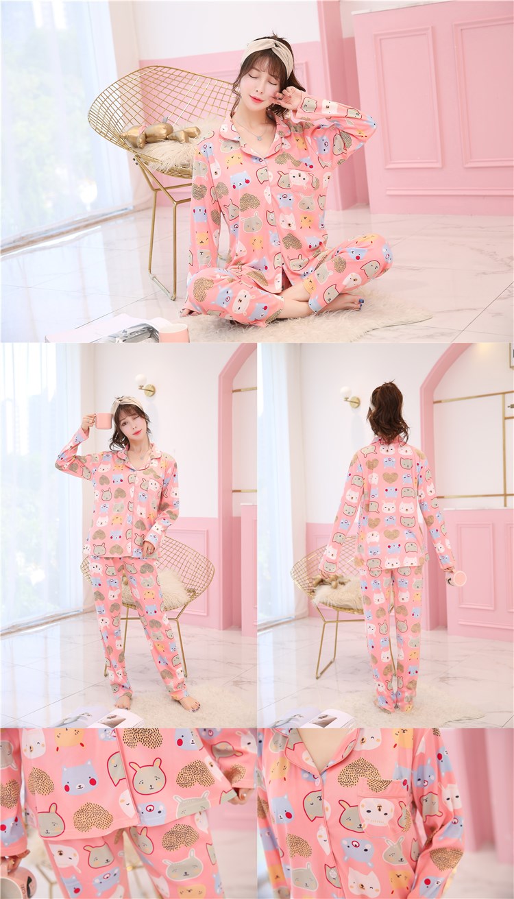 Mùa thu dài tay cotton cài cúc áo len nữ mùa xuân và mùa thu cộng với phân bón XL tháng phù hợp với dịch vụ nhà nữ quần áo ngủ nữ mùa đông