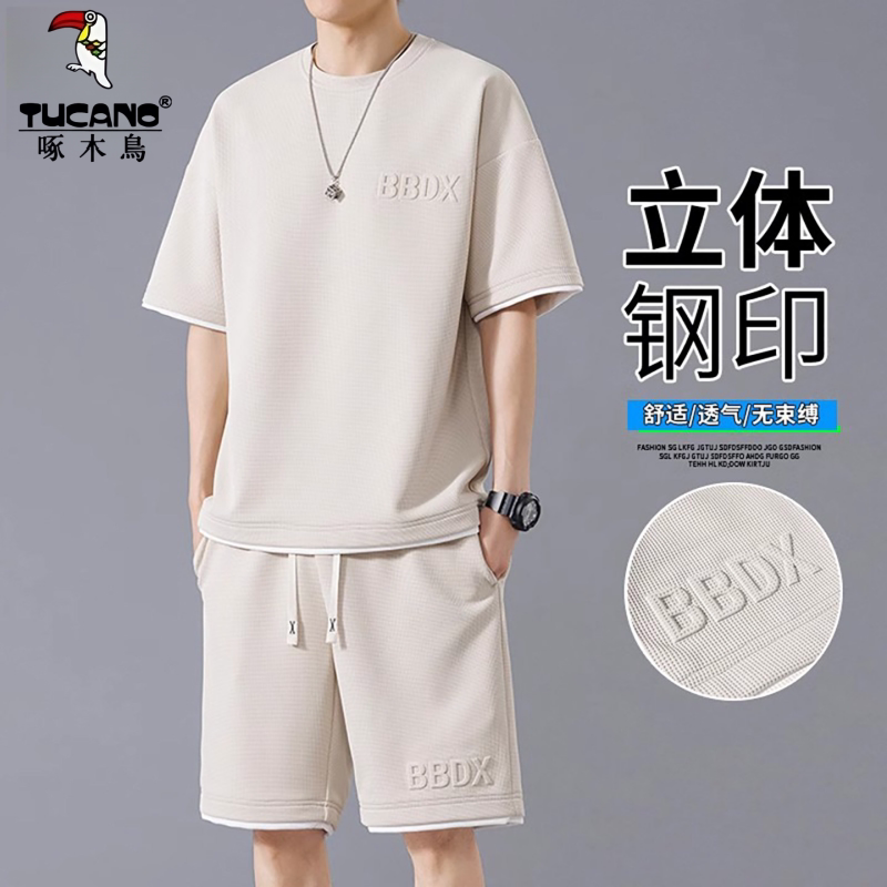 Woodpecker Men's Summer T-Shirt Short Sleeve Sports Suit New Three-Dimensional Embossed Simple Large Size Casual Two-Piece Set