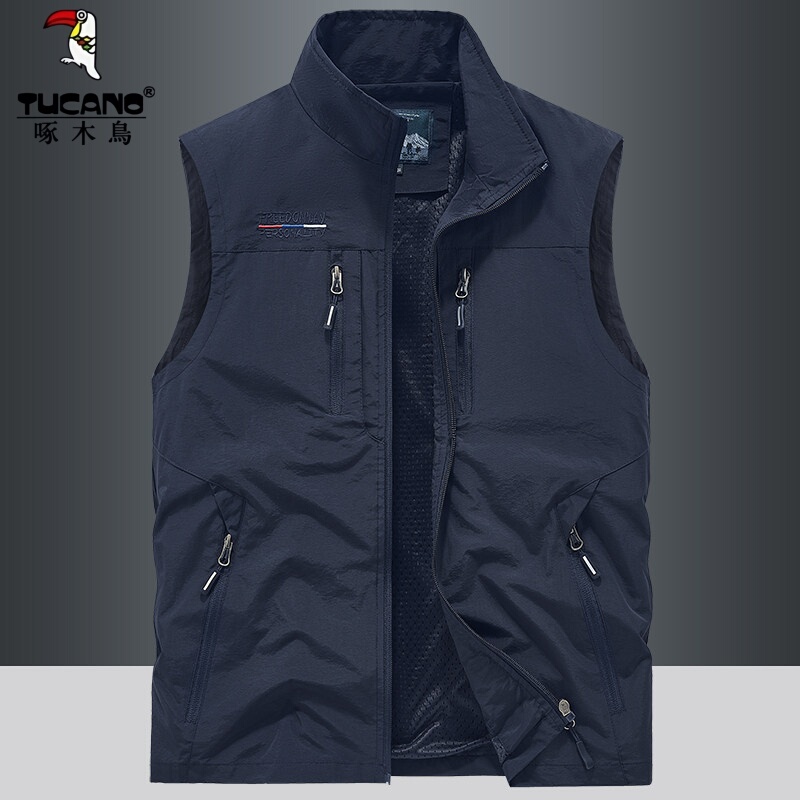 Woodpecker Men's Vest Summer Thin Breathable Outdoor Casual Multi-Pocket Stand Collar Vest Waistcoat Spring and Autumn
