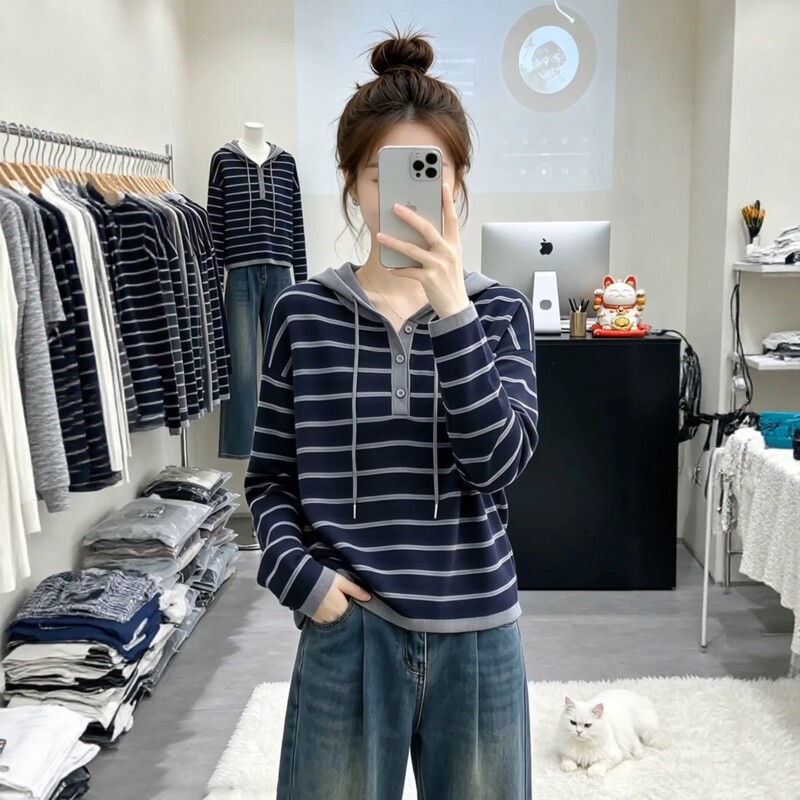 Striped Hooded Knit Sweater for Women, Autumn 2026 New Style, High-End Feel, Loose Fit, Can Be Worn as an Inner Layer or Outerwear Striped Hooded Knit Sweater for Women, Autumn 2026 New Style, High-End Feel, Loose Fit, Can Be Worn as an Inner Layer or Outerwear