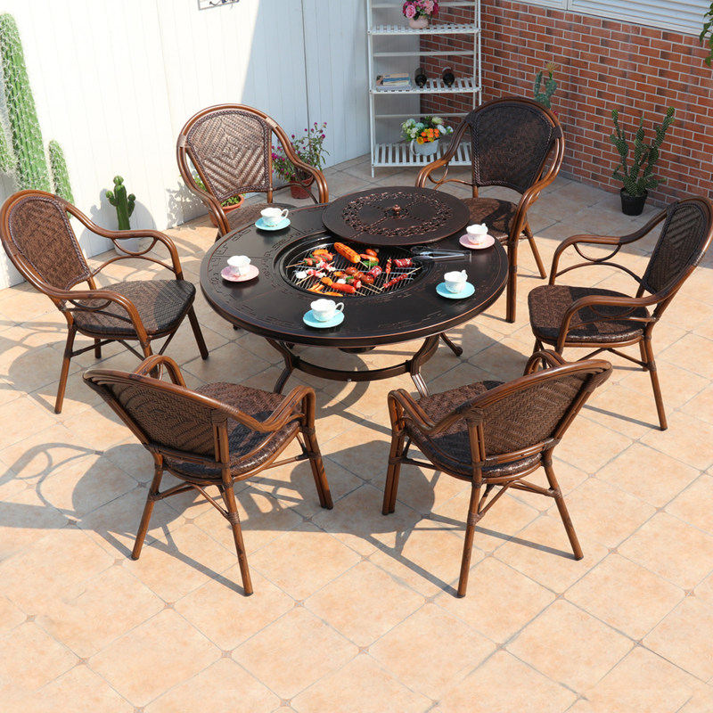 Outdoor table and chairs courtyard open-air rattan villa outdoor garden cast aluminum barbecue table balcony outdoor waterproof rattan chair