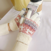 Gloves Winter Female Christmas 2021 plus thickening students can touch screen autumn winter antifreeze fingers separate knitting cotton