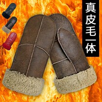 Fur one glove with thickening warmth and wind-protecting men and women skiing wool ski ride wool skin hands smothing winter