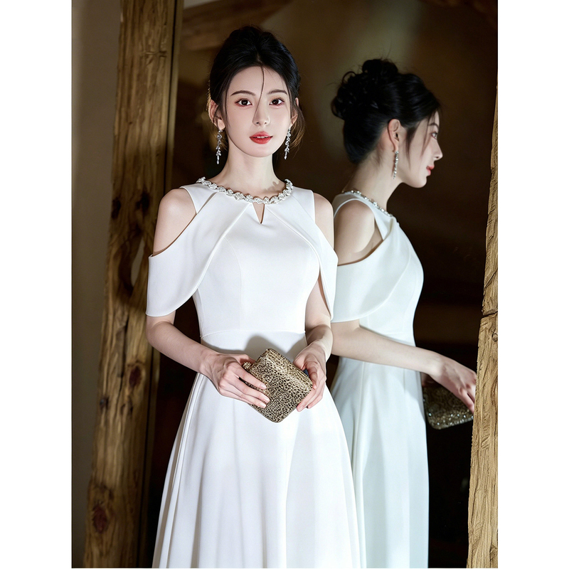 White Evening Hostess Dress 2026 New Style High-End Birthday Coming-Of-Age Ceremony Engagement Registration White Dress White Evening Hostess Dress 2026 New Style High-End Birthday Coming-Of-Age Ceremony Engagement Registration White Dress