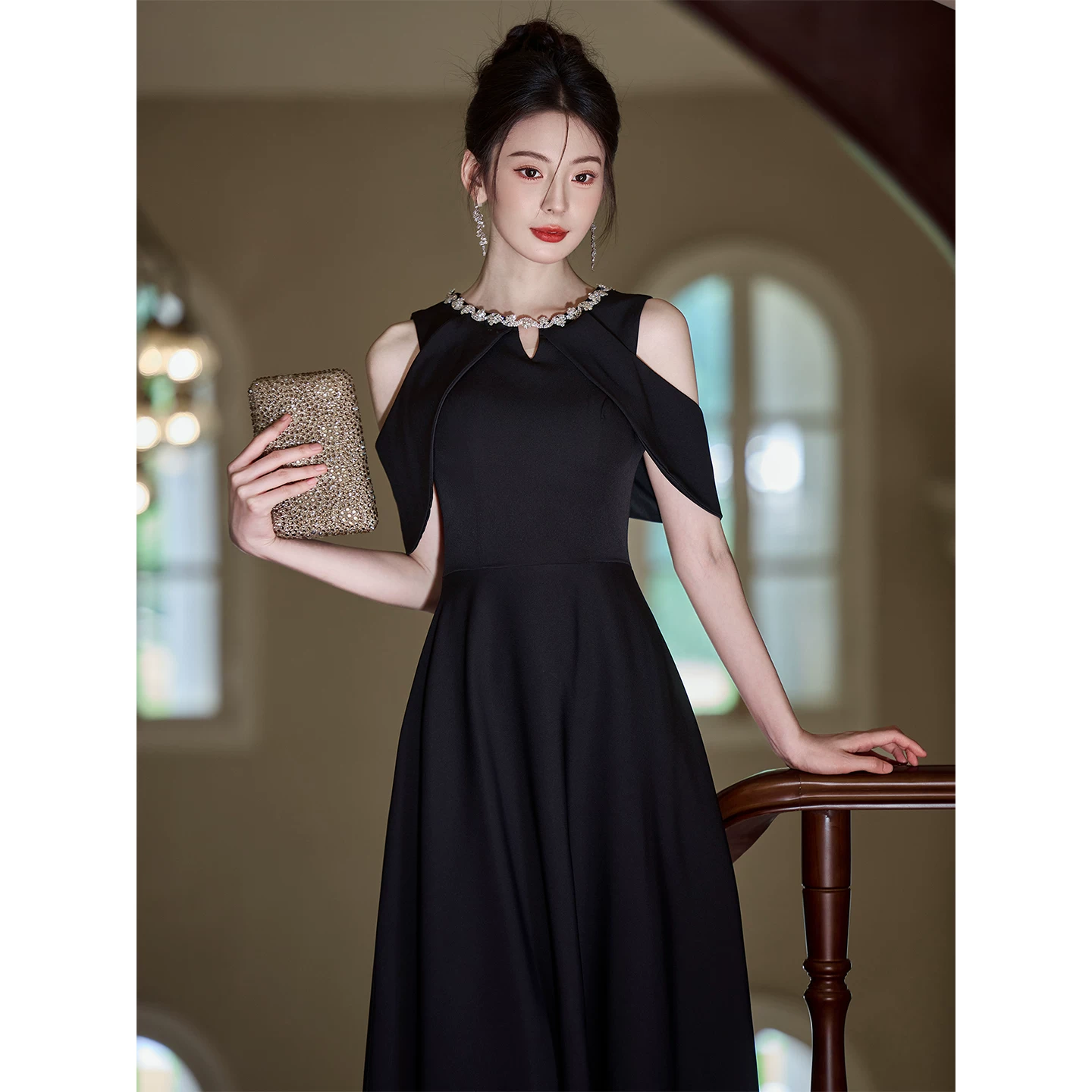 Elite black evening dress, high-quality style, french style