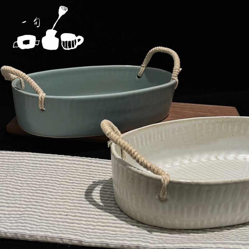 Rustic Ceramic Double-Handle Oval Plate from Jingdezhen, Suitable for Home Use, Fusion Cuisine, Restaurant Commercial Use, Large Soup Plate, Tableware Rustic Ceramic Double-Handle Oval Plate from Jingdezhen, Suitable for Home Use, Fusion Cuisine, Restaurant Commercial Use, Large Soup Plate, Tableware