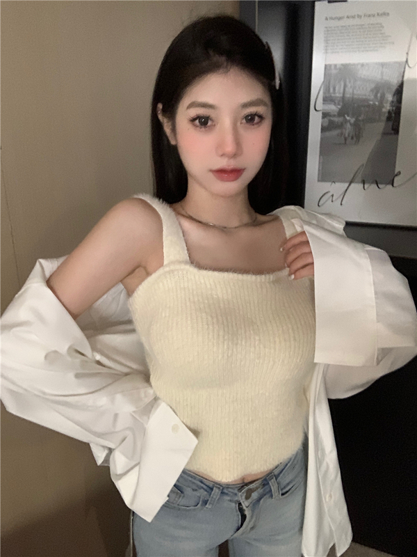 Mink Fur Plush Racerback Camisole for Women, Winter Knitted Padded Bra, Warm Integrated Underwear