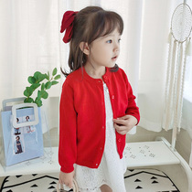 Girls knitted cardigan spring and autumn thin coat baby childrens red sweater outside with baby air-conditioning shirt