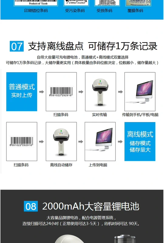 Máy quét mã vạch hình ảnh không dây Bluetooth một chiều Comet WY8 thanh toán tiền mặt màn hình thanh toán di động - Thiết bị mua / quét mã vạch