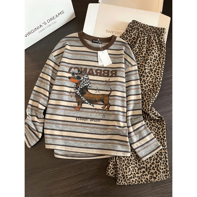 2026 New Korean Style Striped Puppy Leopard Print Cotton Pajamas for Women, Spring and Autumn Long-Sleeved Loungewear, Can Be Worn Outside in Summer