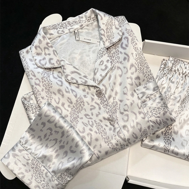 2026 New Style Lazy Leopard Print Ice Silk Pajamas for Women, Spring and Autumn Long-Sleeved Loungewear, Summer Light Luxury Can Be Worn Outside 2026 New Style Lazy Leopard Print Ice Silk Pajamas for Women, Spring and Autumn Long-Sleeved Loungewear, Summer Light Luxury Can Be Worn Outside