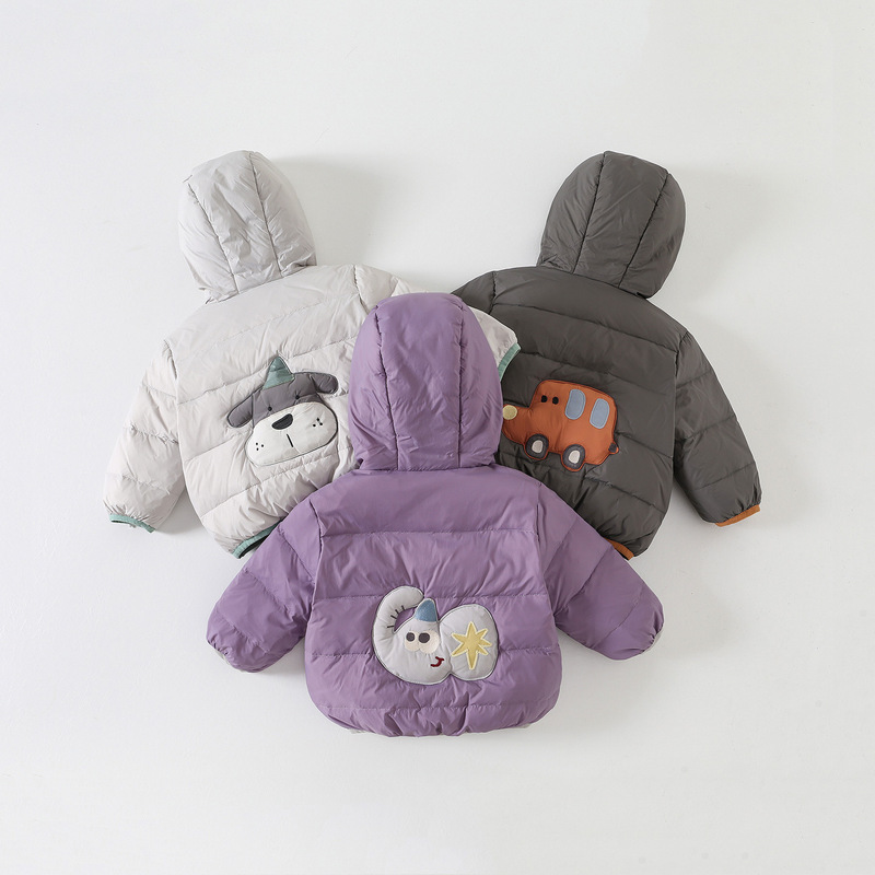Infant and Toddler Cartoon Label Hooded down Jacket, New Autumn and Winter Warm Coat, Long-Sleeved Zipper Shirt for Baby Boys