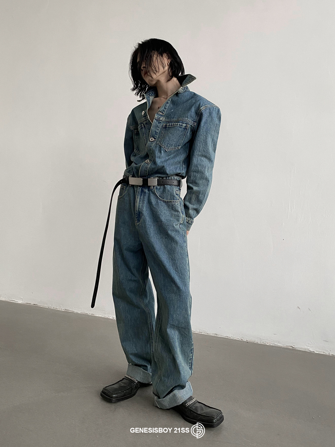 GENESISBOY12 12AM00:00] Little crowddesign Advanced sense padded shoulder long sleeve denim pair of pants male and female