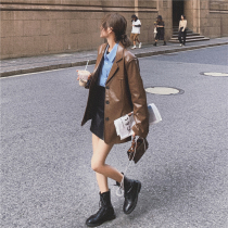 Sandro Moscoloni Korean version retro port Wind casual suit Fashion leather jacket Fried Street Tide Cool Pu Leather