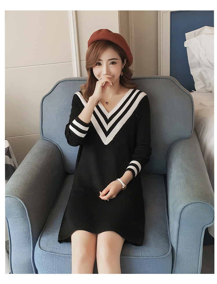 Bà bầu cho con bú phù hợp với quần áo mùa thu đông mới áo dài thời trang áo dài tay dài cổ chữ V dệt kim 	váy tôn eo	