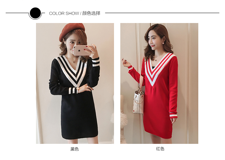 Bà bầu cho con bú phù hợp với quần áo mùa thu đông mới áo dài thời trang áo dài tay dài cổ chữ V dệt kim 	váy tôn eo	