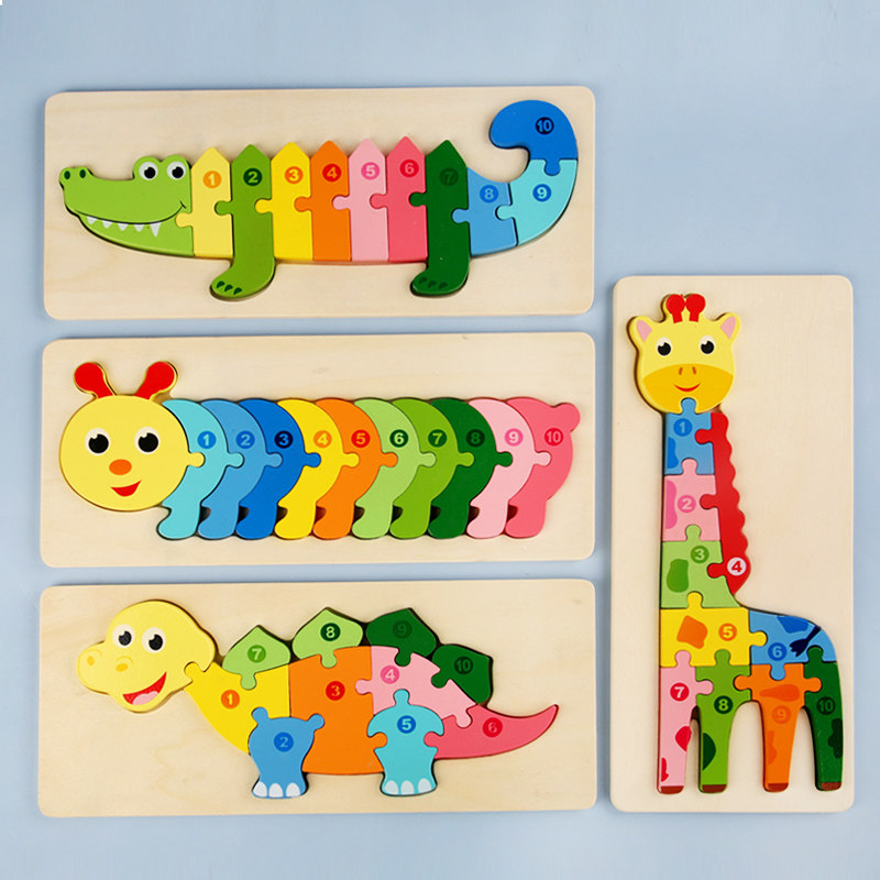 Wooden Children Dinosaur Jigsaw Puzzle Animal Digital Enlightenment Logic to Develop Brain Intelligence Early Education Puzzle Toys