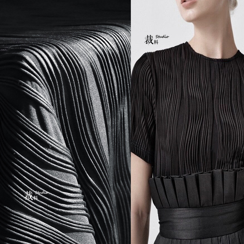 Black Corolla three-dimensional heavy texture fabric striped stretch cotton line creative clothing designer fabric