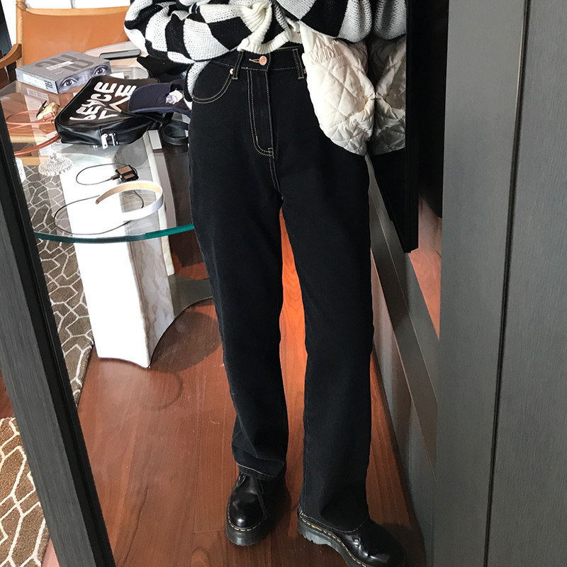 Wang Xiaofei's shop black jeans spring new high waist straight legs wide legs loose leisure and thin pants