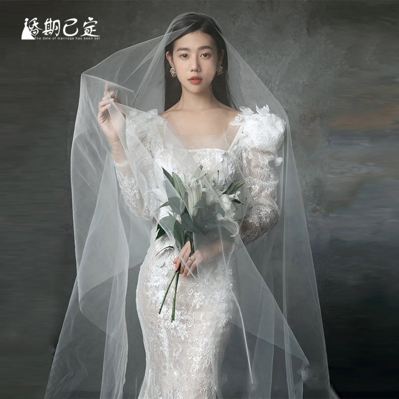 High-Definition Single-Layer Long Veil for Brides, Transparent Tulle, Free Styling, Korean Medium-Hard Tulle, Styling Veil Without Hair Comb