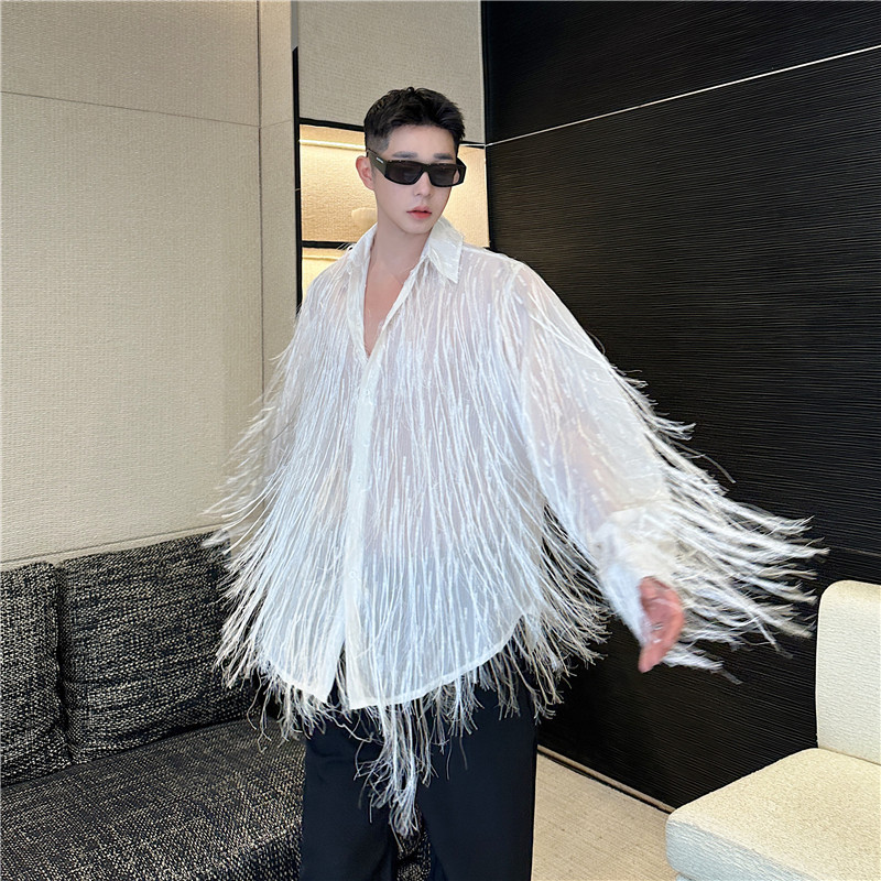 Light Luxury Internet Celebrity Runway Style Long Tassel Design Long-Sleeve Shirt for Men, Korean Version, Versatile, Loose, See-Through Top