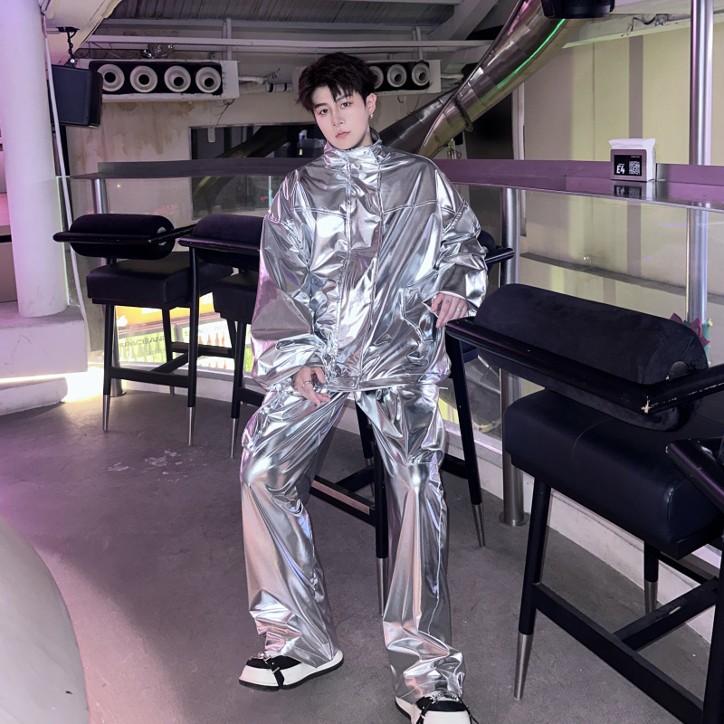 Futuristic Tech-Sense Metallic Silver Suit Functional Jacket for Men and Women Street Dance Team Performance Outfit Stage Two-Piece Set