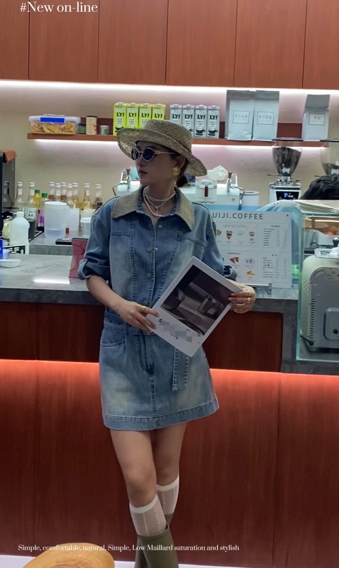 European Station 2026 Summer New V+.Com Retro Washed Denim Shirt Tie-Waist A-Line Dress for Women