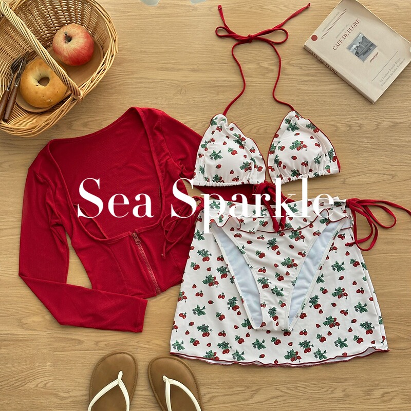 [Sea Sparkle] Passionate Strawberry ins French Vitality Retro Whitening Bikini Three-Piece Set for Beach Pool