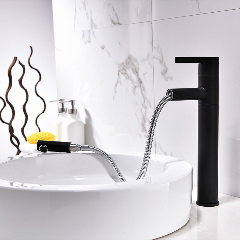 Black 360-degree and pull-out face hot and cold full copper strip shower head telescopic washbasin Terra basin single hole tap