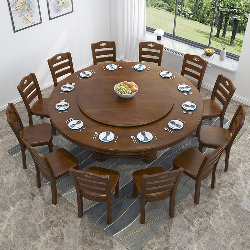 Solid Wood Dining Table and Chair Set for Home Use, Round Dining Table with Turntable, Restaurant Table, Modern Simple Induction Cooker 10-Person Table