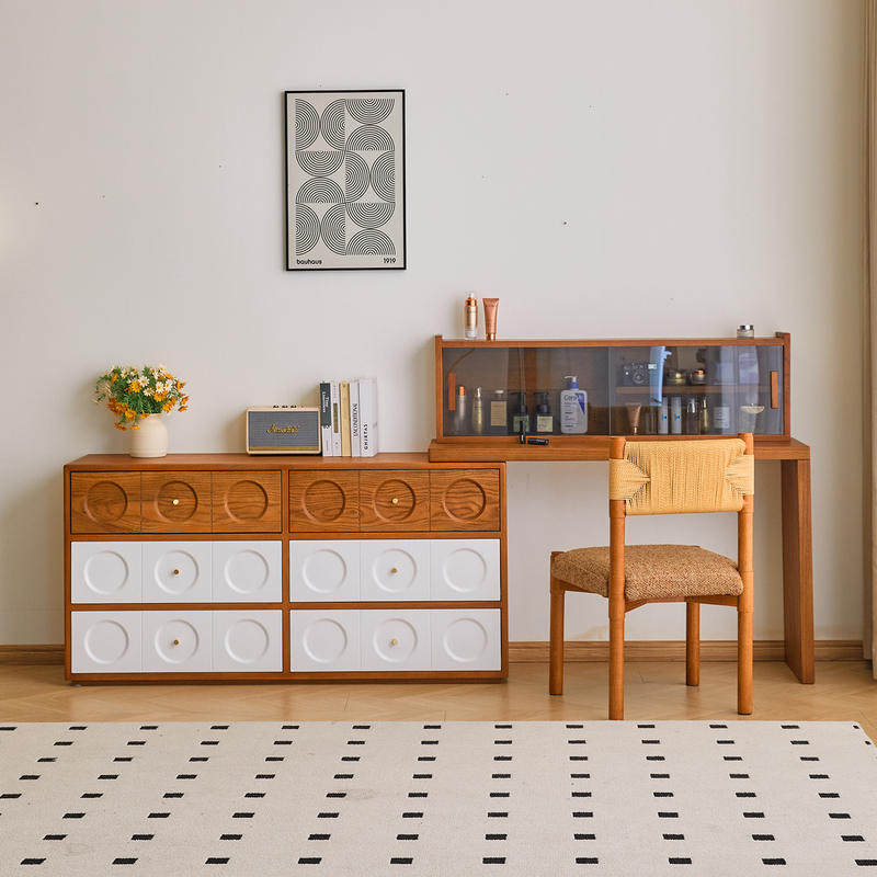 Second-Hand Teak Vanity Table and Dresser Combo, Bedroom Corner Storage Makeup Table, Modern Minimalist Extendable End-Of-Bed Cabinet