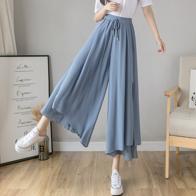 Chiffon nine-point ice silk wide-leg pants women's summer 2023 thin section hakama drape high waist pleated elegant casual hakama