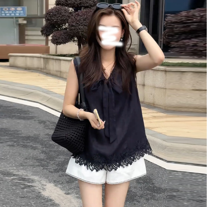 Black Lace Trim Hem Spliced Linen Sleeveless Shirt Vest for Women, Summer High-End Light Luxury Top
