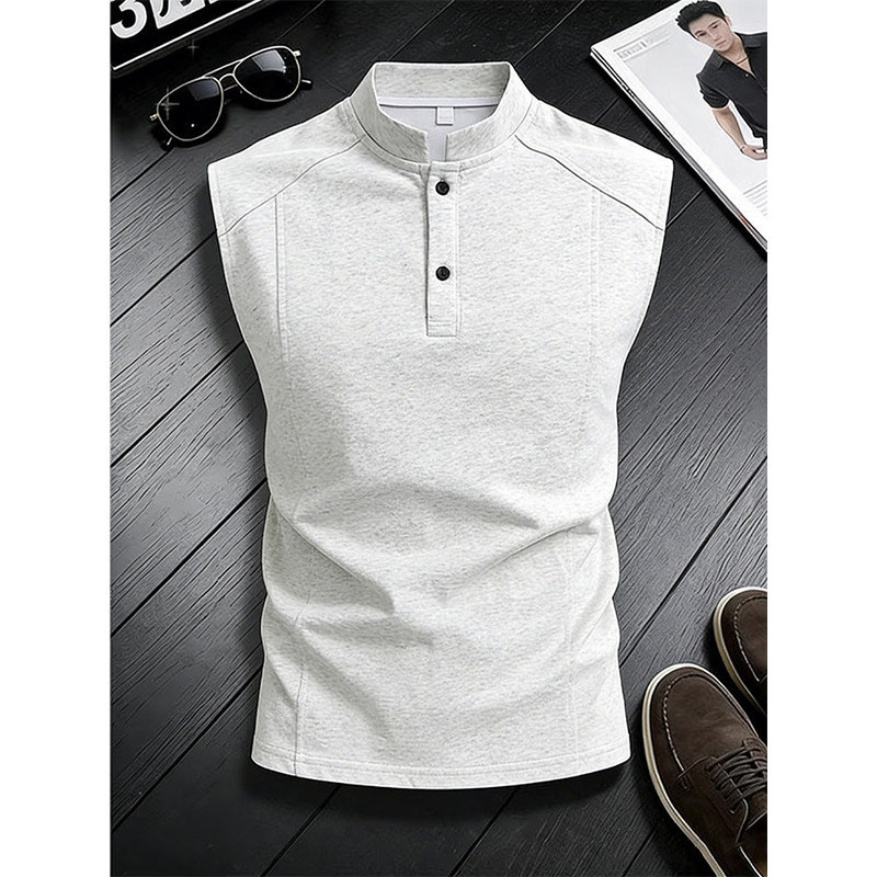 Summer Men's Fitness Vest with Henry Collar, Buttoned, Sleeveless, Quick-Drying, High-Elasticity, Breathable, Solid Color Running Training Sweatshirt Summer Men's Fitness Vest with Henry Collar, Buttoned, Sleeveless, Quick-Drying, High-Elasticity, Breathable, Solid Color Running Training Sweatshirt