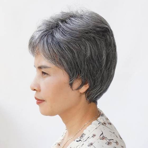 Grandma's white wig short hair fluffy 80-year-old man full headgear gray real hair whole autumn and winter bald wig set