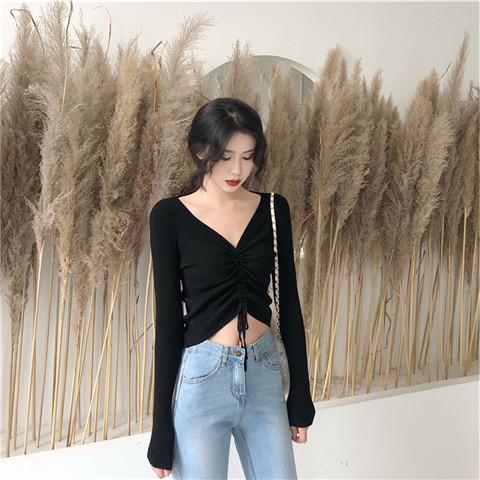 Mùa xuân và mùa thu mới phiên bản Hàn Quốc của áo cổ chữ V đan đáy tự nhiên áo len tự nhiên áo thun áo thun dây rút tay dài áo sơ mi nữ áo khoác len cardigan