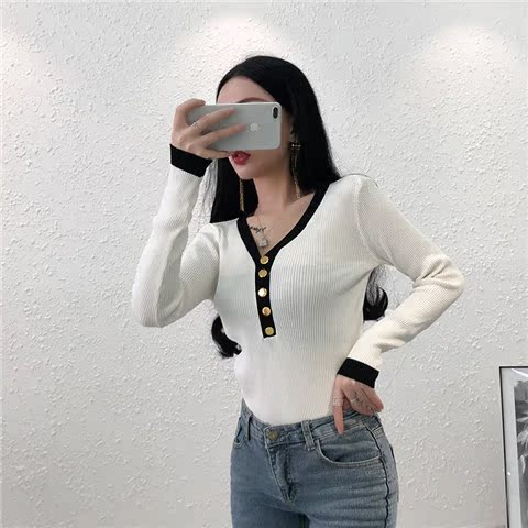Áo sơ mi nữ mùa thu 2018 mới sang trọng là áo sơ mi mỏng chạm đáy hoang dã thời trang retro áo thun cổ chữ V áo len nữ hàng hiệu
