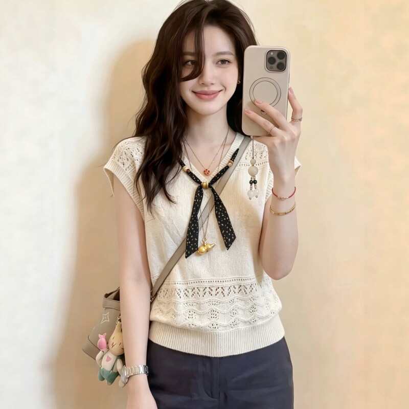 Very Stylish Silk Scarf V-Neck Hollow Knit Short-Sleeve Women's Summer 2026 New Thin Knit Top Old Money Style Blouse Very Stylish Silk Scarf V-Neck Hollow Knit Short-Sleeve Women's Summer 2026 New Thin Knit Top Old Money Style Blouse