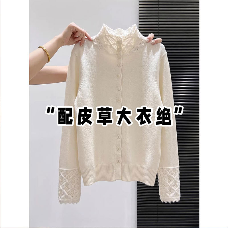 Korean-Style Exquisite High-Neck Crochet Hollow-Out Knit Base Shirt for Women, Autumn and Winter, High-End Fur Inner Layer, Lazy Style Top