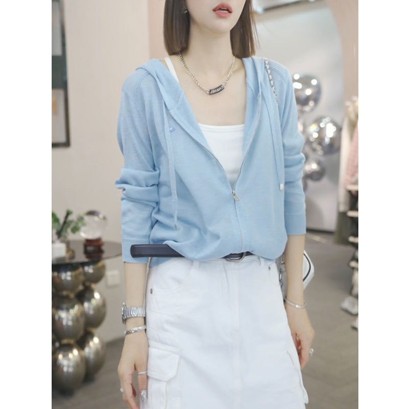 Blue Double Zipper Hooded Knitted Cardigan for Women, Summer Thin Cover-Up, 2026 New Korean Style, Lazy and Loose Top Blue Double Zipper Hooded Knitted Cardigan for Women, Summer Thin Cover-Up, 2026 New Korean Style, Lazy and Loose Top