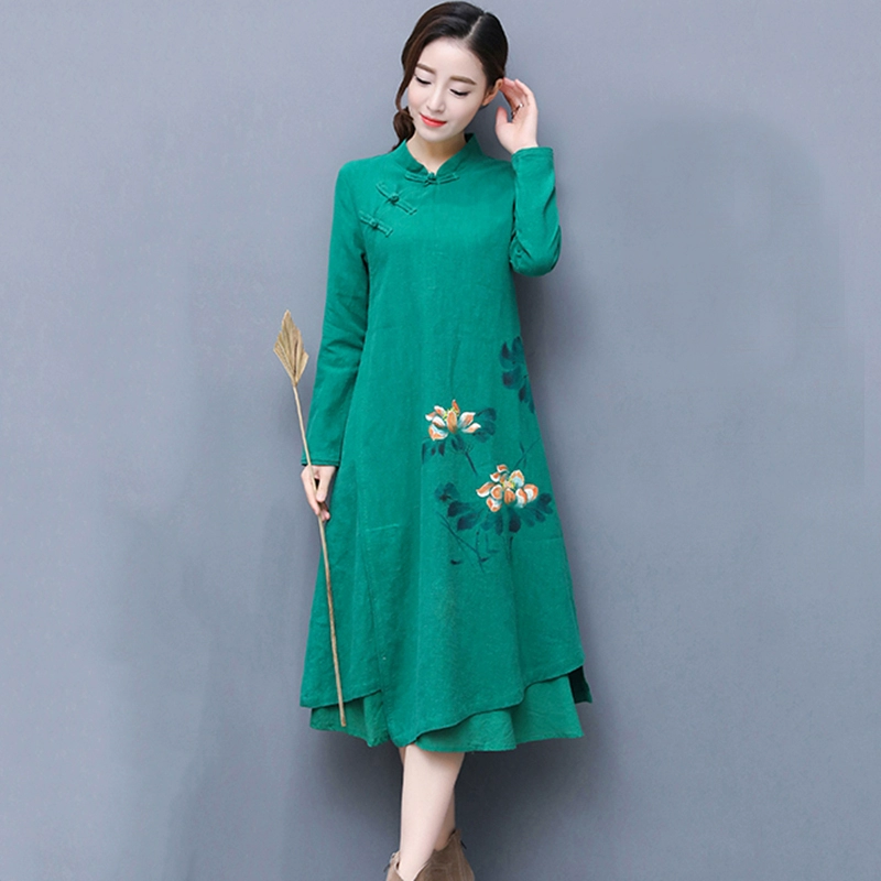 2021 mùa thu mới retro phong cách dân tộc Trung Quốc của phụ nữ phong bông cải tiến váy sườn xám váy dài - váy đầm