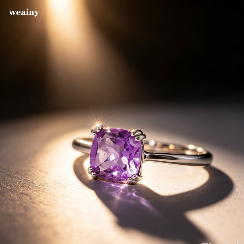 Natural amethyst ring sterling silver gold-plated light purple pillow square ring simple high-end daily working cow horse girl