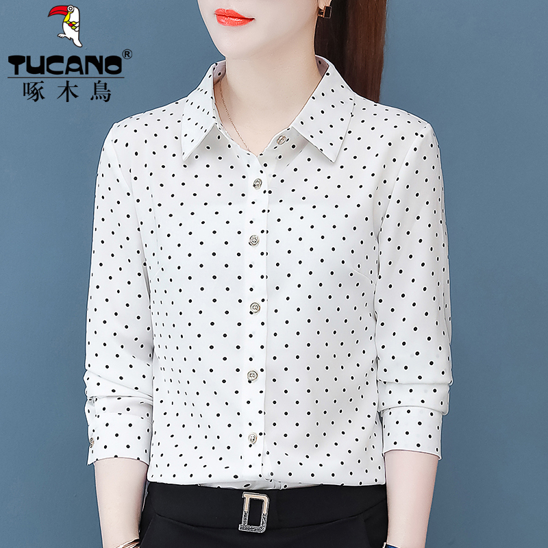 Woodpecker Chiffon Shirt Women's Long Sleeve White Polka Dot 2024 Spring New Style Mom's Fashionable Shirt Versatile Top