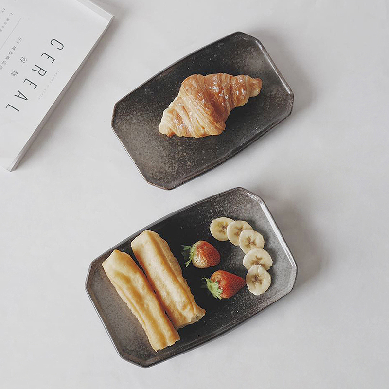 ins French square breakfast plate ceramic polygonal salad plate retro vintage tableware