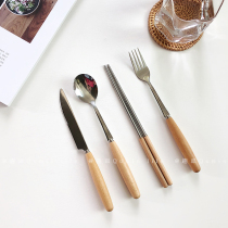 Simple ins cylindrical wooden handle chopsticks knife fork spoon tableware set stainless steel retro tableware