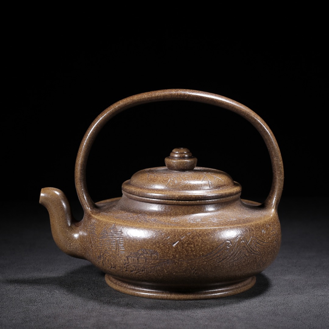 古玩老货玩家珍藏宜兴老厂紫砂壶原矿古铜泥手工制作精品提梁壶