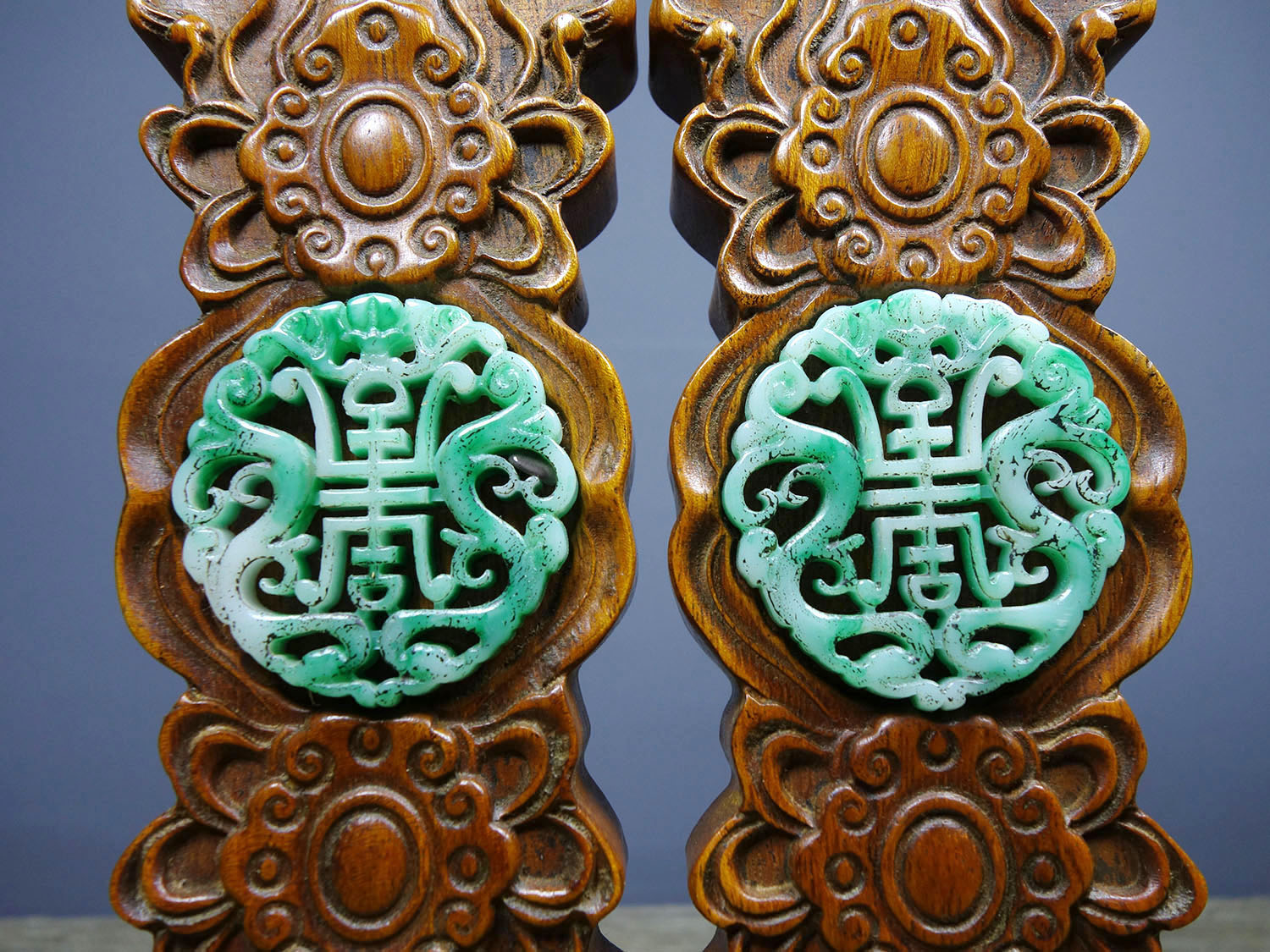 文房聖品 貴重唐木 花梨木 細密彫 如意 風水置物