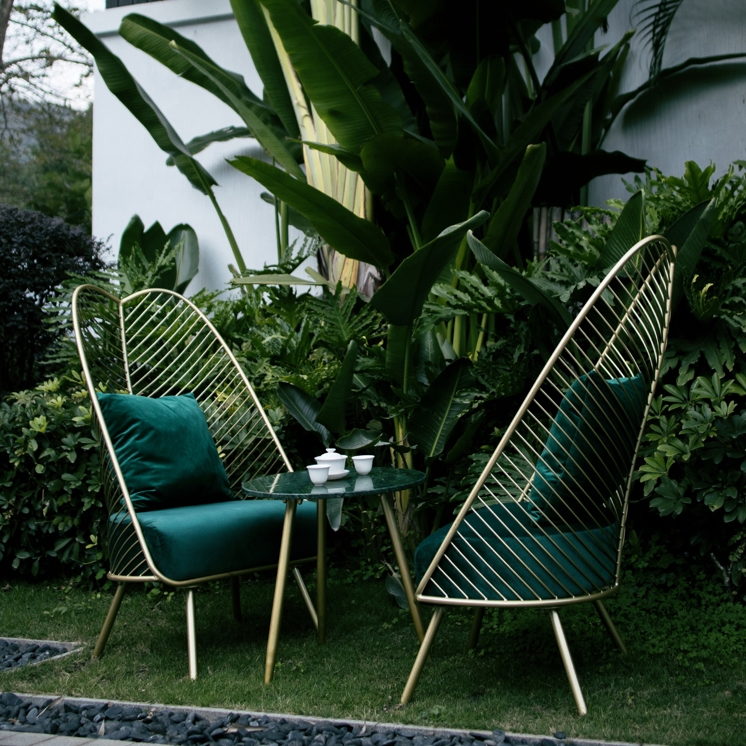 Banana leaf leisure table and chair three-piece combination pink single sofa chair ins net red home gold coffee table