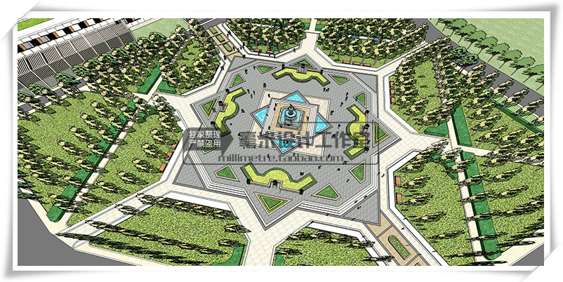 T74 广场公园景观设计su模型新中式欧式园林滨水游园绿地...-7